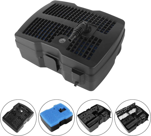 4 in 1- Vijverpomp - Fontein - Waterpomp - Fonteinpomp - voor Tuinornament - Fontein Ontwerp - met Filter - 9W - UV-zuiveringsfilter - 2500L Capaciteit - 1000 l/h - 28 W - 1.6m Hefhoogte - 220-240V - 50 Hz - 30 x 23 x 56.5 cm - Zwart