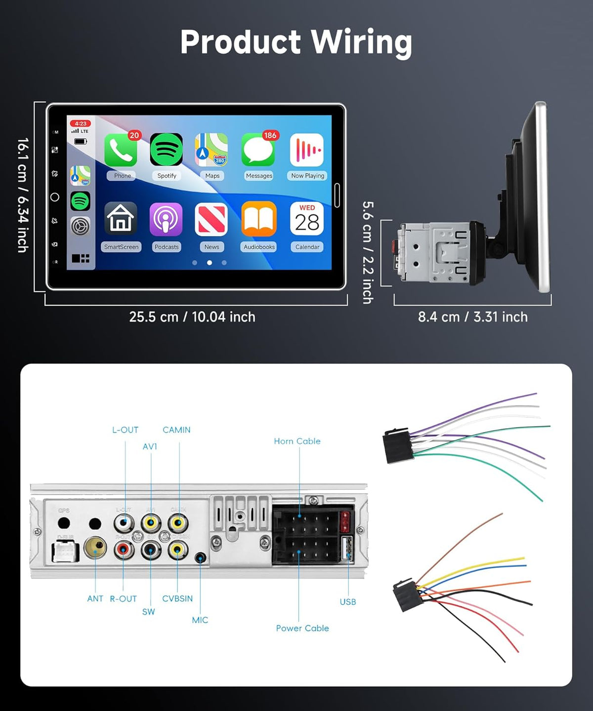 Car Radio, 1 Din with Carplay Android Auto, 10.1 Inch IPS Setting, Touch Screen, Radio, Car Support, Bluetooth, FM Radio, Mirror Link, GPS, 2USB, SWC, MIC, Rear View Camera - QUORE