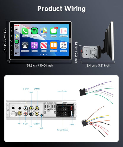 Car Radio, 1 Din with Carplay Android Auto, 10.1 Inch IPS Setting, Touch Screen, Radio, Car Support, Bluetooth, FM Radio, Mirror Link, GPS, 2USB, SWC, MIC, Rear View Camera - QUORE