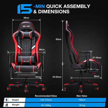 Douxlife Gaming Stoel, met 7-punts Massage, Ergonomische bureaustoel met Voetensteun, 90-175° Rugleuning Instelbaar, Verstelbare 2D-Armleuning, PC-gamerstoel, Bureaustoel, 180 kg, Zwart-rood