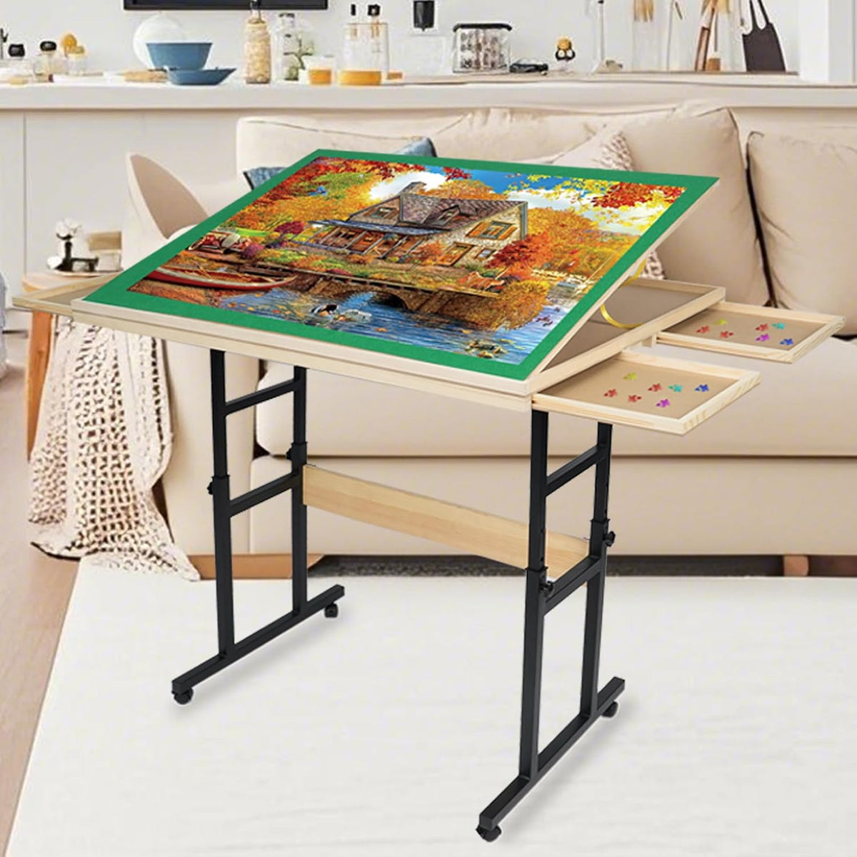 Wooden puzzle table with legs for 1500 pieces, 89 x 69 cm, height adjustable, 45 degree inclination, 4 drawers with lid, ideal gift for adults - QUORE