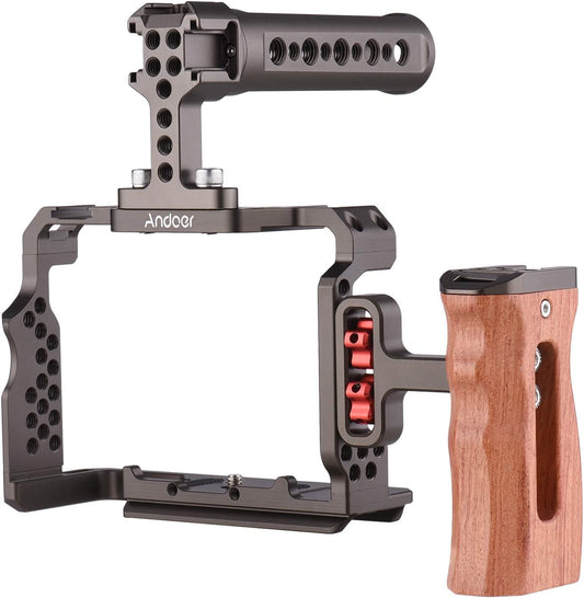 Andoer Camera Rig Vervangingsset van aluminiumlegering met houten handvat aan de bovenkant van de video voor Sony A7R III, A7 II, A7III