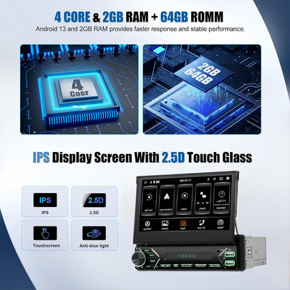 [2GB+64GB] SIXWIN 1 Din Android 13 autoradio met navigatiesysteem, 7 inch uitschuifbaar display autoradio met WiFi verbonden/GPS/Bluetooth/FM-ontvanger/USB/EQ/Mirror Link