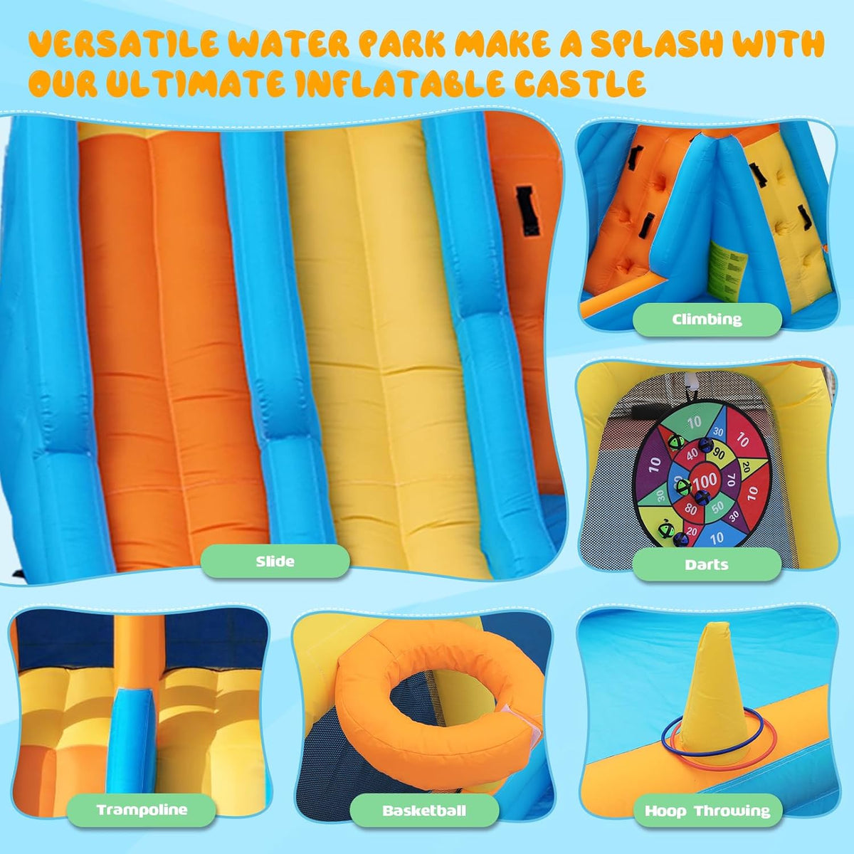 FOOING Opblaasbaar waterglijkasteel met 2 glijbanen, klimwand, basketbalhoepel, springhuis voor kindertuin, springkasteel voor zomer, buitenzwembad, feest met veiligheidsnet