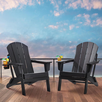 VEVOR Adirondack Stoelen van kunststof, set van 2, inklapbaar, draagbaar, weerbestendig, voor terras, met bekerhouder, ergonomische ontspanningsarmleuning, voor tuin en binnenplaats, zwart