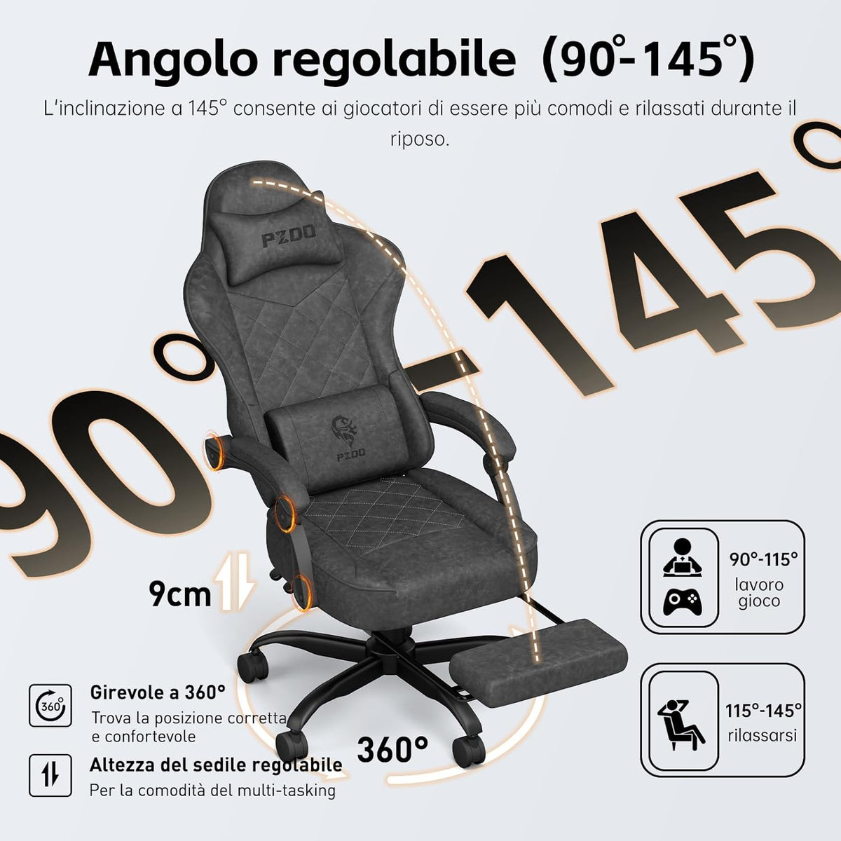 Gaming Stoel – Ergonomische Computerstoel – Bureaustoel – Gamestoel – PC-Stoel – Verstelbare Rugleuning – Ademend Technische Stof – Voetensteun – Hoofdsteun – Lendenkussen – Max 150 kg – Zwart