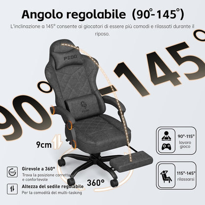 Gaming Stoel – Ergonomische Computerstoel – Bureaustoel – Gamestoel – PC-Stoel – Verstelbare Rugleuning – Ademend Technische Stof – Voetensteun – Hoofdsteun – Lendenkussen – Max 150 kg – Zwart