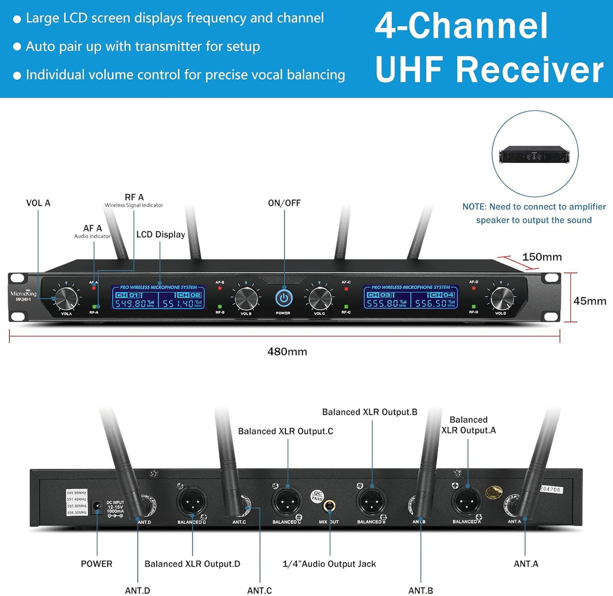 Draadloos microfoonsysteem – Draadloze microfoonset – UHF microfoonset – Karaoke microfoonset – 4-Kanaals Set Met 2 Handmicrofoons, 2 Bodypacks En 2 Headsets – Stabiele Vaste Frequentie – Metalen Behuizing