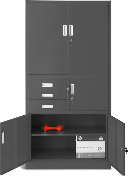 Filing Cabinet C018S II Office Cabinet Metal Cabinet Safe Box Secret Box 3 Drawers Powder Coating 185cm x 90cm x 40cm (Black) - QUORE