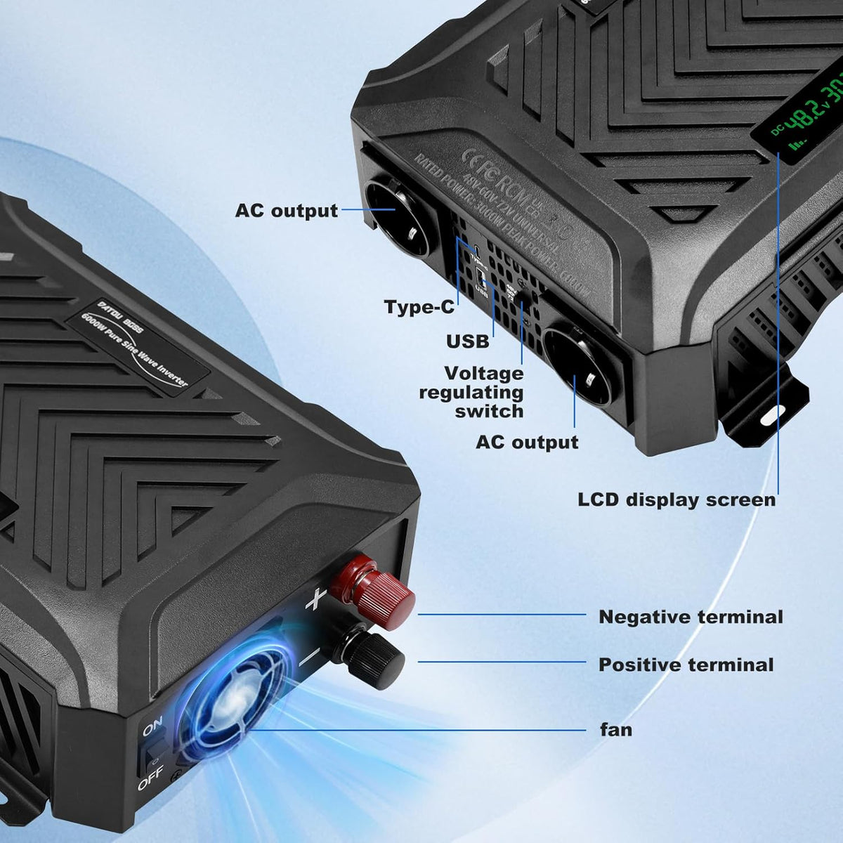 DATOUBOSS Universele spanningsomvormer 48 V/60 V/72 V naar 230 V 3000 W, zuivere sinus 6000 W piekvermogen, met instelbare ingangsspanning, lcd-display, 2 EU stopcontact