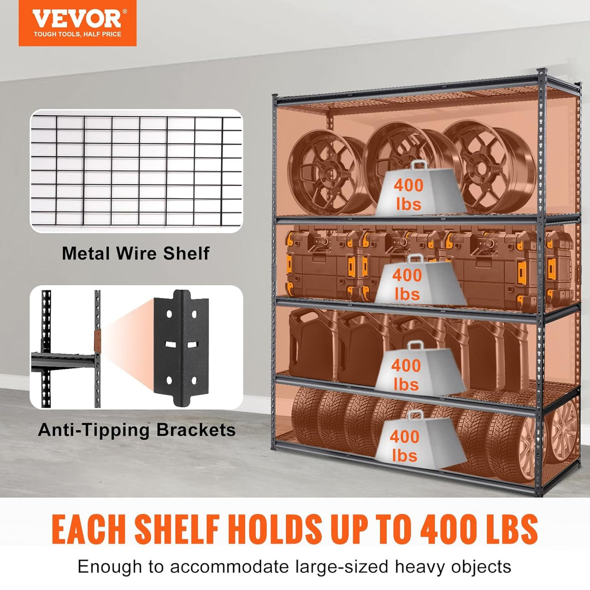 VEVOR Opbergrek, 5-laags verstelbaar, 2000 lbs capaciteit, zware garageplanken metalen organizer draadrek, zwart, 152,4 cm L x 61 cm B x 198 cm H voor keuken voorraadkast kelder badkamer waskast