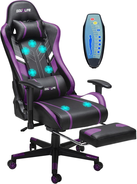 Douxlife Gamerstoel met 7-punts massage, voetensteun, ergonomische bureaustoel, 180 kg, rugleuning 90-175 graden, 2D-armleuning, ideaal voor pc, gamer, kinderen en volwassenen, zwart/paars