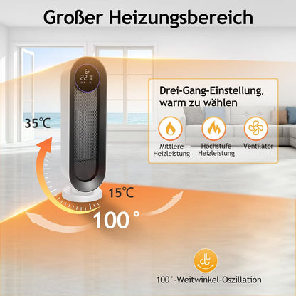 Ventilatorkachel, keramische ventilatorkachel, 2000 W, 3 modi, thermostaat, ventilatorkachel, 12-uurs timer, kantelbeveiliging, 100 graden oscillatie, ruimteverwarming voor thuis en op kantoor, wit,