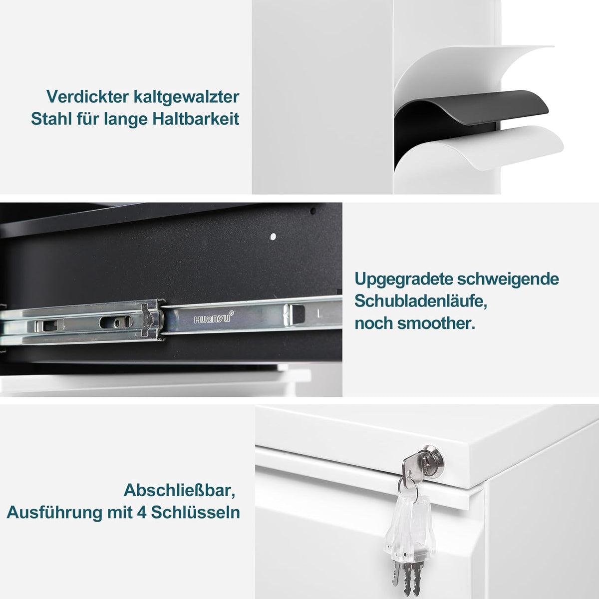 Rolcontainer, archiefkast, afsluitbaar met 4 sleutels, kantoorkast van metaal, archiefkast onder bureau, met 4 laden, voorgemonteerd, afsluitbaar, kantoor, wit