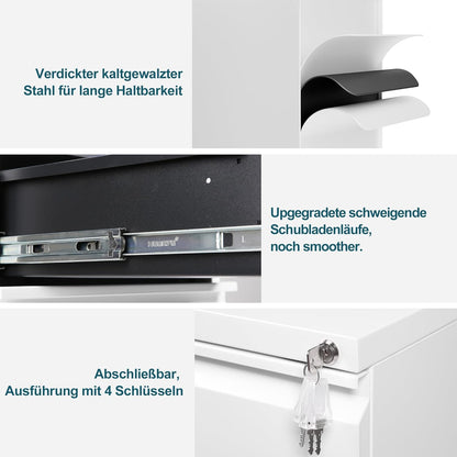 Rolcontainer, archiefkast, afsluitbaar met 4 sleutels, kantoorkast van metaal, archiefkast onder bureau, met 4 laden, voorgemonteerd, afsluitbaar, kantoor, wit