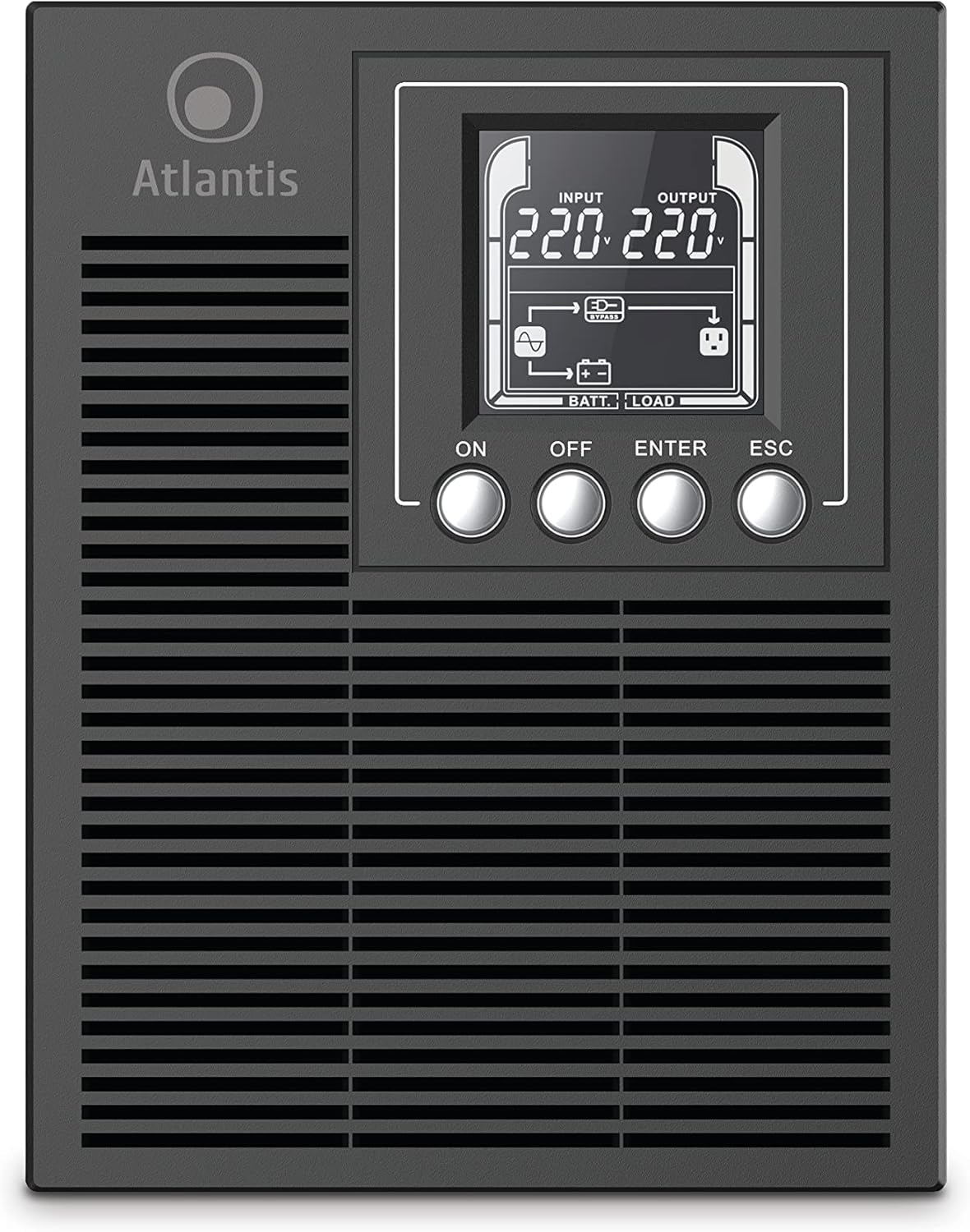 Atlantis A03-OP1002XLN UPS OnLine 88% stillere onderbrekingsgroep, server, dubbele conversie, zuivere sinusgolf, 1000 VA 700 W, Low Noise Gelid ventilator 23,6 dbA, USB, 2 Schuko + 1 IEC, 2 x 12 V-9
