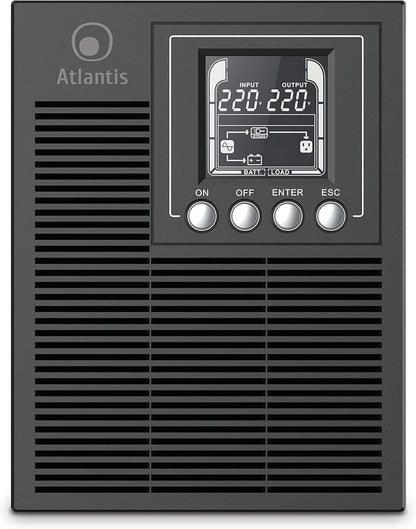 Atlantis A03-OP1002XLN UPS OnLine 88% stillere onderbrekingsgroep, server, dubbele conversie, zuivere sinusgolf, 1000 VA 700 W, Low Noise Gelid ventilator 23,6 dbA, USB, 2 Schuko + 1 IEC, 2 x 12 V-9