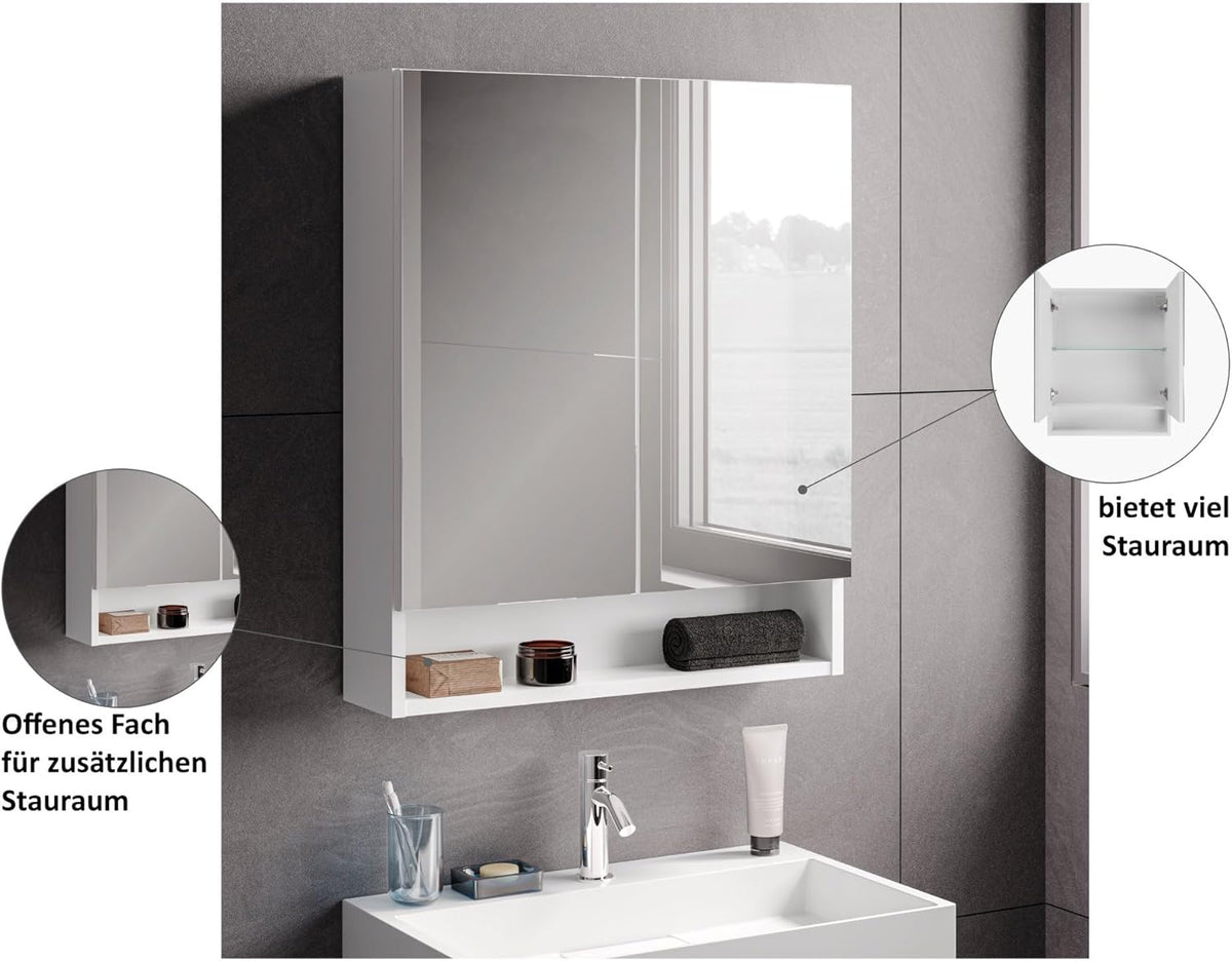 Fackelmann Easy Spiegelkast, 60 cm, tijdloos design, veel opbergruimte voor badkameraccessoires, stijlvol en ruimtebesparend, Made in Germany, wit