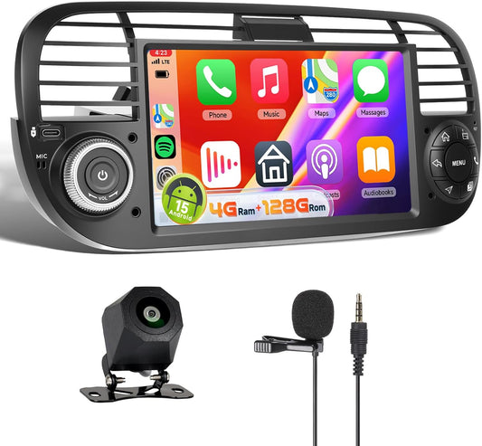 4 + 128 G: Carplay display voor Fiat 500 2007-2014 met USB Type-C, OEM autoradio 7 inch in-cell touchscreen met Android Auto/EQ/WiFi/GPS/RDS/FM/Bluetooth 5.0/SWC achteruitrijcamera voor Fiat 500 radio