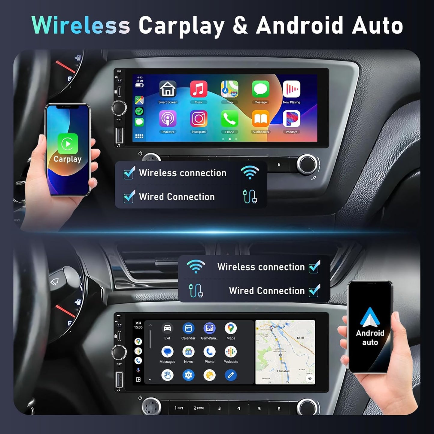 CarPlay autoradio 1 DIN 2G+64G, Podofo 6,86 inch touchscreen autoradio met DAB+, Bluetooth/FM/RDS/Navi/Stuurwielbediening/WiFi, Android autoradio