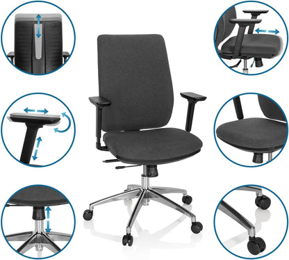 hjh OFFICE Integrio 820026 Professionele bureaustoel van stof, donkergrijs, ergonomisch, rugleuning in hoogte verstelbaar, bekleed, 123 x 74 x 63 cm