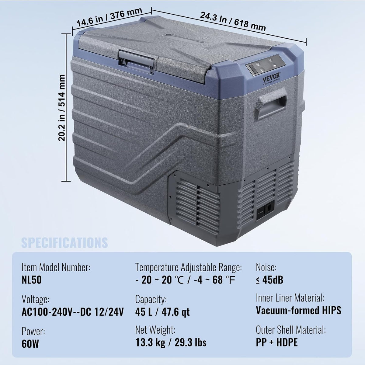 VEVOR Auto Koelkast, 12 Volt Auto Koelkast Koelkast Koelkast, 45 L Enkele Zone Draagbare Vriezer met Ingebouwde Licht -45 °F 12/24V DC en 100-240V AC Compressor Koeler voor Buiten, Camping, RV