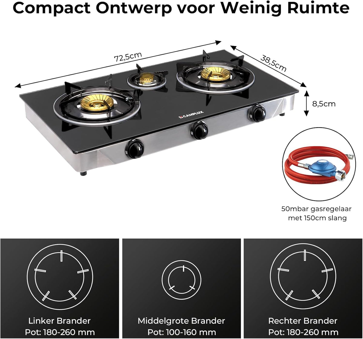 Draagbare Gaskookplaat – Gasstel – Campingkookplaat – Outdoor Kooktoestel – Gasfornuis – 3 Branders – 6250W Vermogen – Gehard Glasplaat