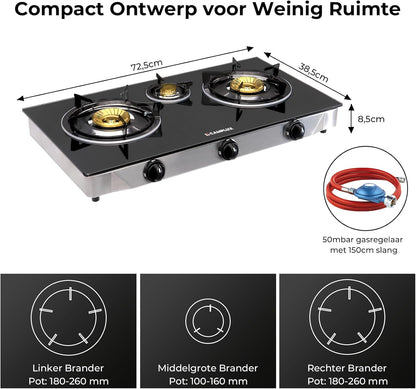 Draagbare Gaskookplaat – Gasstel – Campingkookplaat – Outdoor Kooktoestel – Gasfornuis – 3 Branders – 6250W Vermogen – Gehard Glasplaat