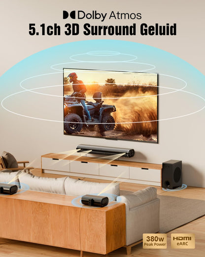 Hiwill HiElite A51 5.1CH soundbar voor tv-apparaten, Dolby Atmos surround soundsysteem, 2 bekabelde surround luidsprekers, 5,25 inch subwoofer soundbar voor tv, heldere stem, 380 W piekvermogen