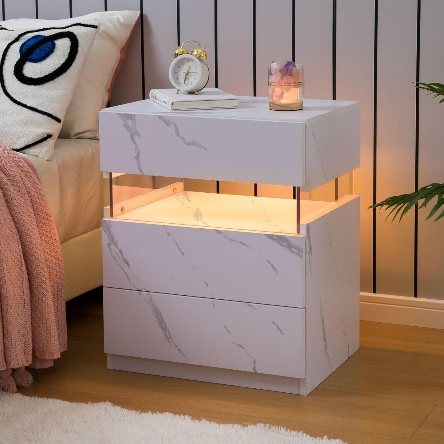 Nachtkastje met LED - Kast - Tafel - Slaapkamerdecoratie - Opbergruimte - 60 cm x 37 cm x 50 cm - Wit