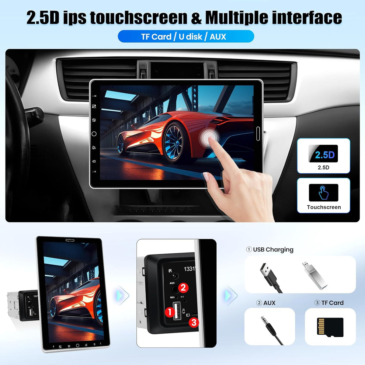 1 DIN autoradio met draadloos CarPlay Android Auto autoradio met draaibaar 10,1-inch touchscreen Bluetooth FM/AM/RDS radio Mirror Link USB/TF-kaart/Aux-ingang SWC EQ ondersteuning DVR+