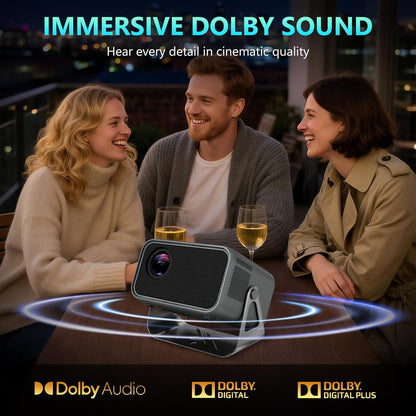 Mini Projector met 500 ANSI Lumen, Auto Focus, 1080P Full HD, Ondersteunt 4K Input, WiFi 6, Bluetooth 5.0, 360° Standaard, Draagbare Projector voor Slaapkamer en Buiten