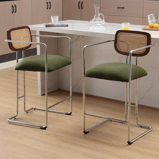 Barkrukken – Barkruk – Keukenstoel – Hoge Stoel – Barstoel – Set van 2 – Groen – Rattan Rugleuning – Comfortabele Linnen Zitting - QUORE
