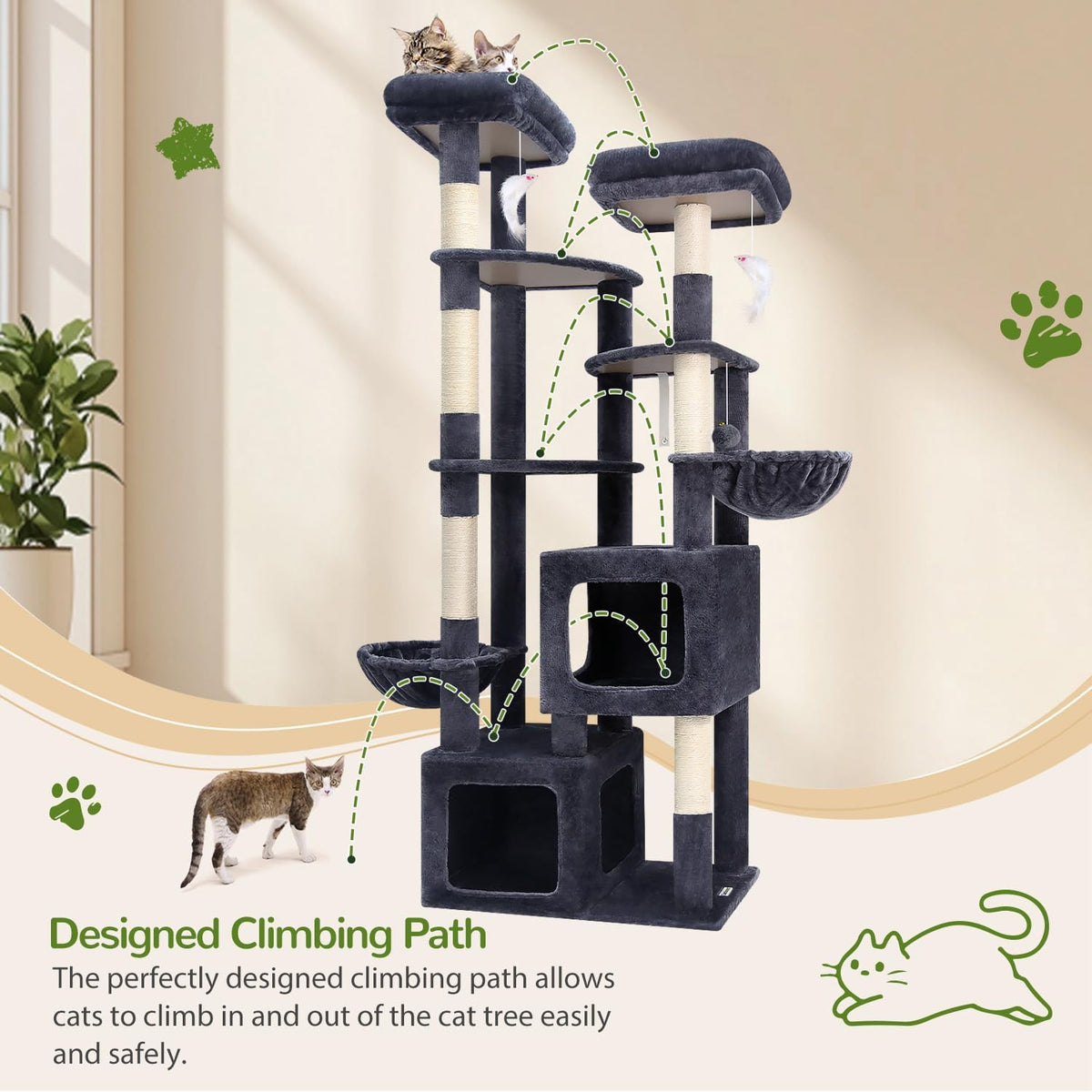 Kattenboom – Krabpaal – Kattenmeubel – Klimpaal – XXL Kattenboom – Donkergrijs – Extra Grote Kattenhuizen 45x40x35 cm – 189 cm Hoog Met 3 Brede Platforms