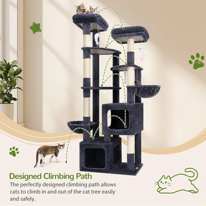 Kattenboom – Krabpaal – Kattenmeubel – Klimpaal – XXL Kattenboom – Donkergrijs – Extra Grote Kattenhuizen 45x40x35 cm – 189 cm Hoog Met 3 Brede Platforms