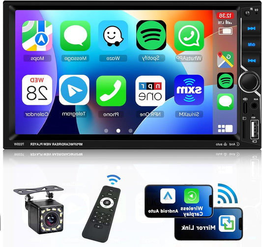 Car Radio 2 Din with Wireless CarPlay Android Auto, 7-inch touchscreen car radio Bluetooth, FM radio, Type-C/USB/TF/AUX, MirrorLink, rear view camera, remote control - QUORE