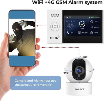 PGST 4G alarmsysteem voor thuis, wifi-alarminstallatie voor woning, met 1080p panen/kantelcamera en wifi-camera voor buiten, raamdeursensoren, bewegingsmelder, afstandsbedieningen, werkt met Alexa