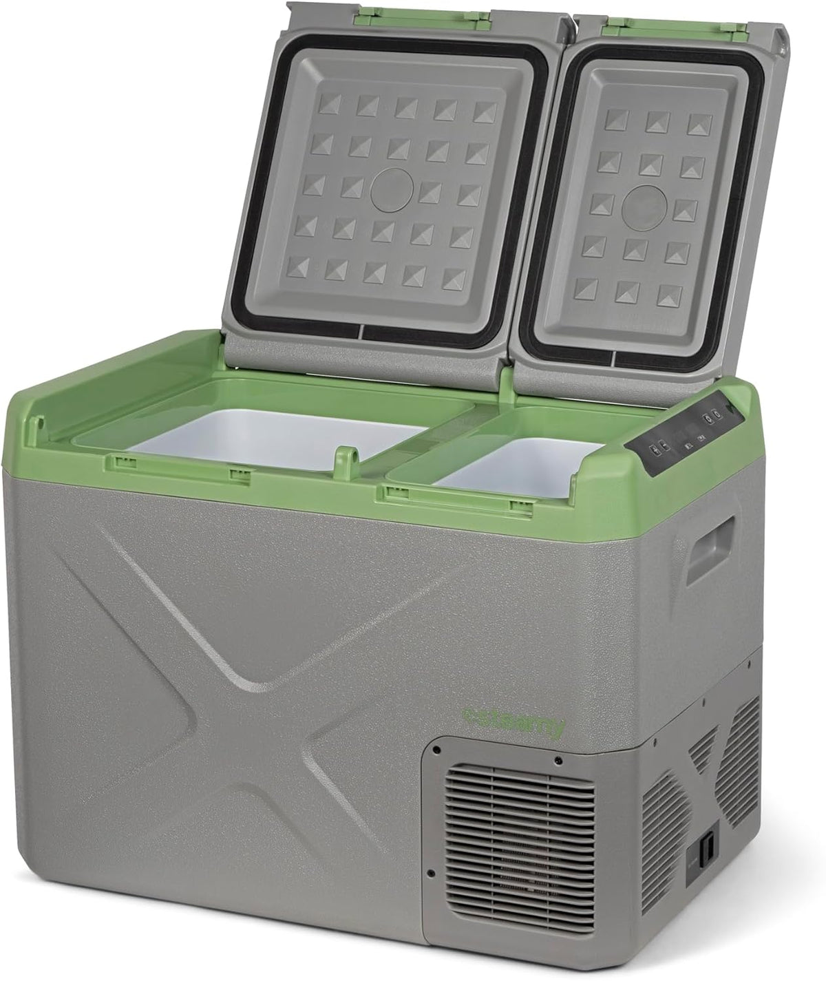 Steamy-E Single Zone 45, Elektrische Compressor Koelbox met twee compartmenten, 32 Liter, Grijs, 12V/230V, voor vriezen en koelen van -20 tot +20, ideaal voor op de camping