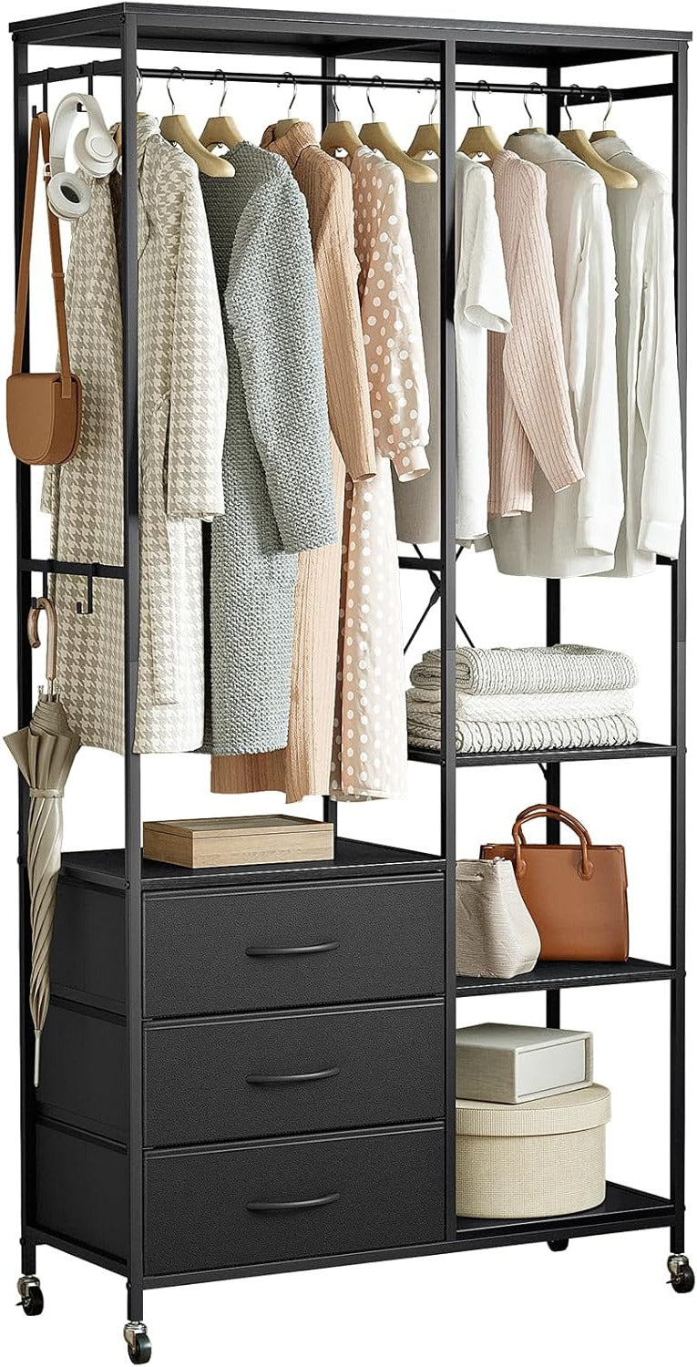 Kledingrek – Open Garderobe – Kledingwagen – Kledingrail – Kledingkast – Zwart Stalen Frame – 3 Laden & Verstelbare Plank