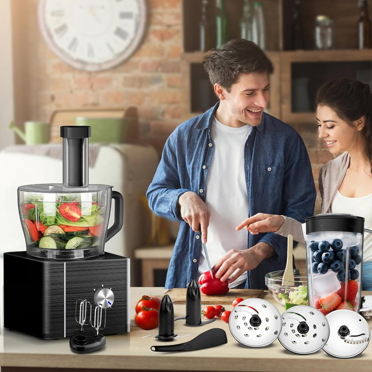 TopStrong Keukenmachine, 1100 W food processor, 3,2 l kom en 1,5 l container, multifunctioneel met hakken, snijden, kneden, sap, 3 snelheden en pulsfunctie, zwart