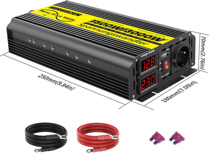 Pure Sine Wave omvormer, 1500 W/3000 W, 12 V naar 230 V, Pure Sine Wave spanningsomvormer voor camper, vrachtwagen, met ingebouwde 5 V/2,1 A USB-laadpoorten, auto-omvormer, 12 V