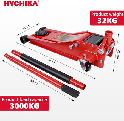 HYCHIKA Stalen racetrolley, krik, met dubbele zuiger, snelheffingspomp, capaciteit van 3 ton, hefbereik 7,6-46,5 cm