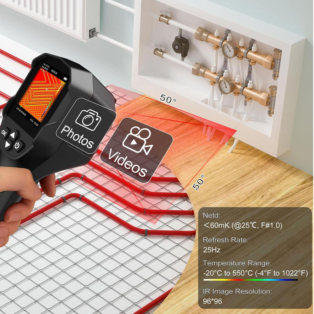 Handheld warmtebeeldcamera, 96 x 96 IR thermische beeldcamera, 25 Hz TISR 240 x 240, -20 °C tot 550 °C, NETD ≤60 mK, infrarood camera, thermocamera voor HVAC, huisonderhoud, lekkageinspectie