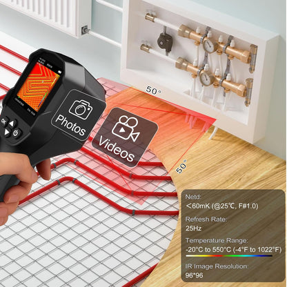 Handheld warmtebeeldcamera, 96 x 96 IR thermische beeldcamera, 25 Hz TISR 240 x 240, -20 °C tot 550 °C, NETD ≤60 mK, infrarood camera, thermocamera voor HVAC, huisonderhoud, lekkageinspectie