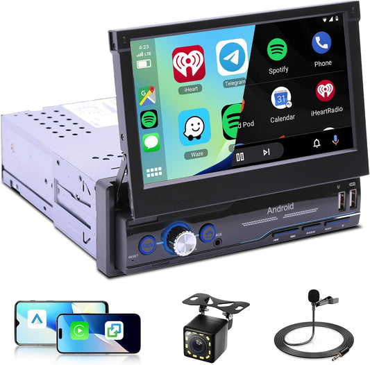 2G+64G Android Autoradio 1 Din Draadloos CarPlay Android Auto 7 inch Handmatig Inklapbaar Scherm met Mirror Link Dual Bluetooth FM/RDS/EQ WiFi Navi GPS USB Stuurwielbediening Achteruitrijcamera