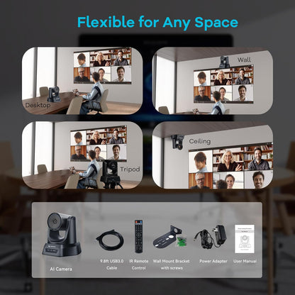 TONGVEO 3X Optische Zoom PTZ Camera AI Auto-Tracking HDMI USB 3.0 1080P 60fps Groothoek voor Videoconferentie Zakelijke Vergadering Live Streaming Online Leren met Zoom YouTube Teams OBS en Meer