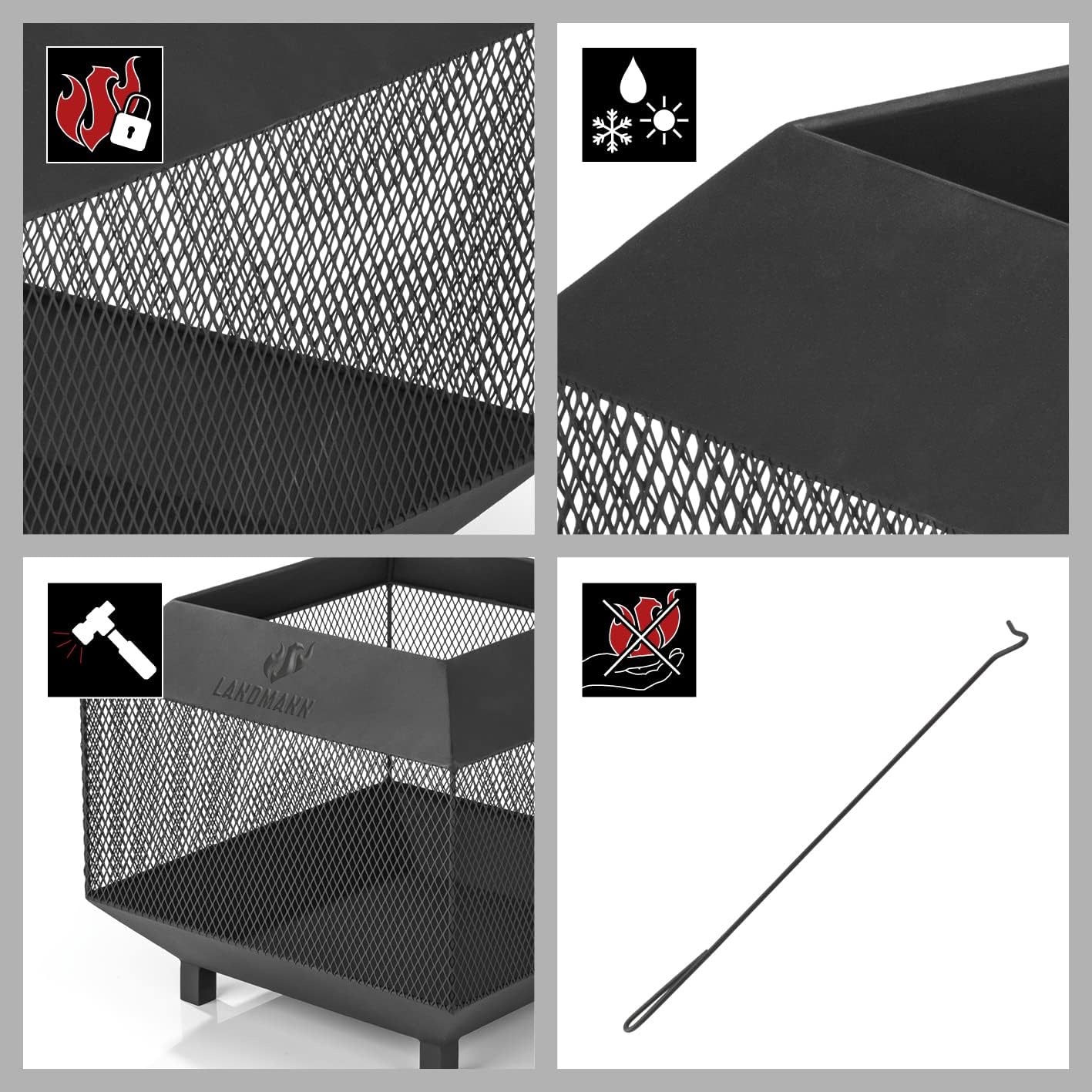 LANDMANN Vuurkorf - 44 x 44 cm | Massieve, vierkante vuurkorf van gepoedercoat staal - weerbestendig en stabiel | met vonkenbeschermingsrooster voor luchtcirculatie | met 4 stabiele poten [zwart]