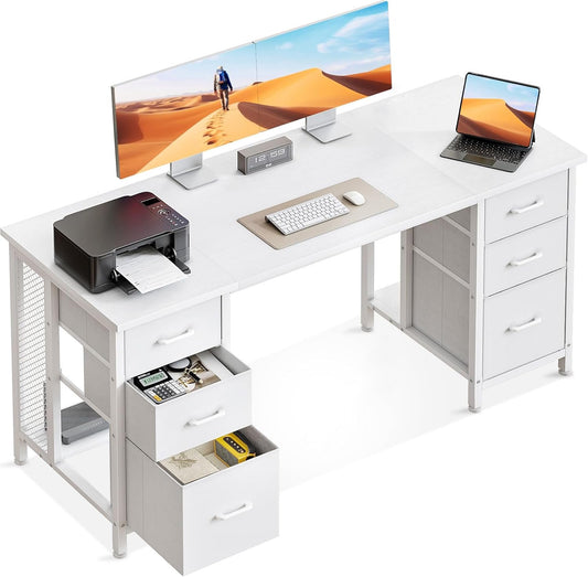 Coleshome Bureau met 6 laden, 160x52 cm Bureau met opslagruimte, Computerbureau met Planken voor Thuiskantoor, Wit