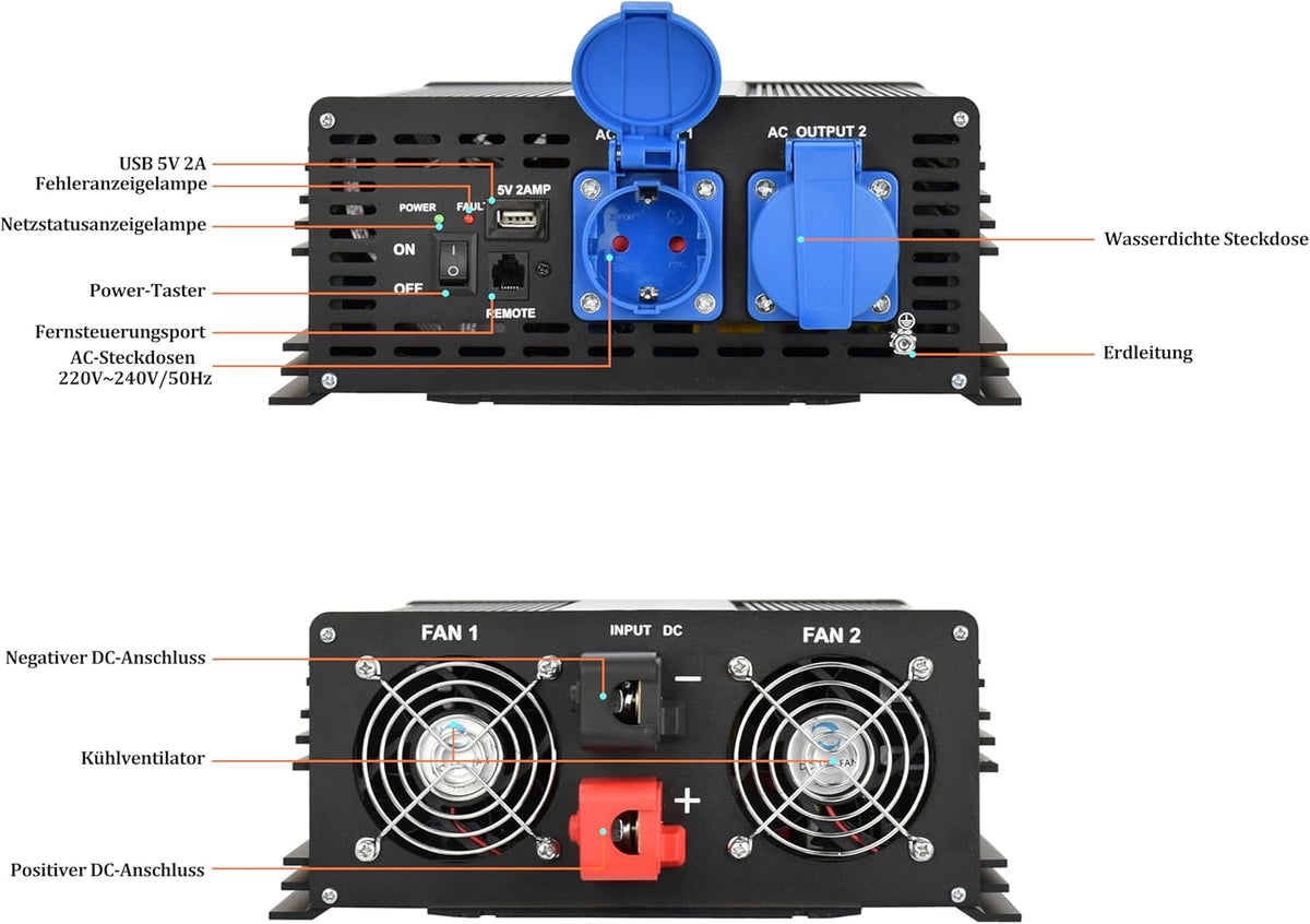 Pure Sine Wave Power Inverter DC12V naar AC230W 50Hz met dubbele Shuko stopcontacten, DC5V USB-poort, LCD Wire Remote Kit voor Europese markt. (12V 1500W)