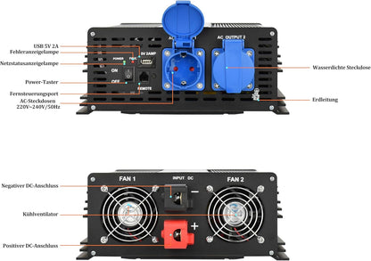 Pure Sine Wave Power Inverter DC12V naar AC230W 50Hz met dubbele Shuko stopcontacten, DC5V USB-poort, LCD Wire Remote Kit voor Europese markt. (12V 1500W)